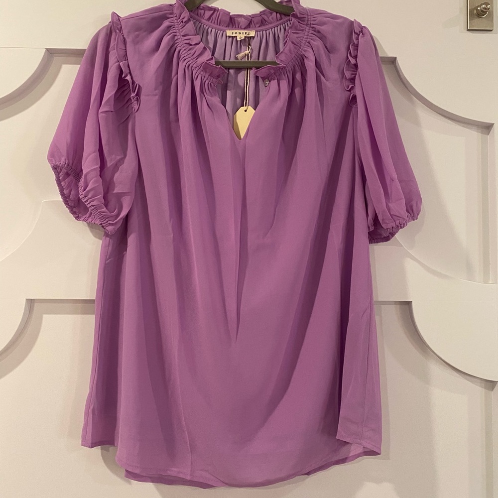 Lavender Button Frill Hem Bubble Sleeve Top